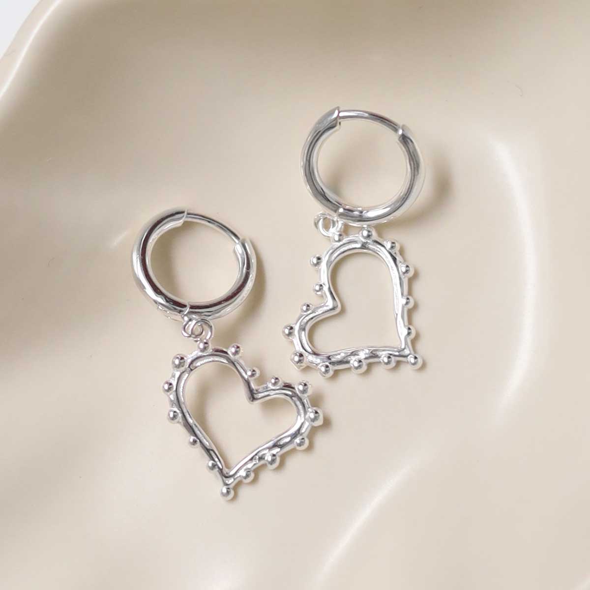 Sterling Silver Beaded Heart Dangly Hoops