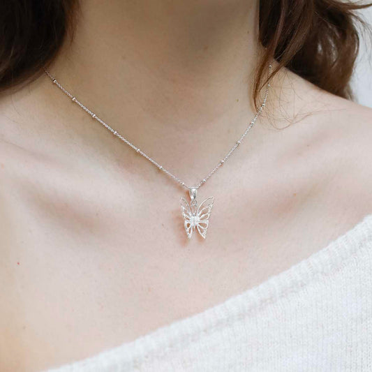 MB095_Sterling Silver Medium Butterfly Necklace_Model new