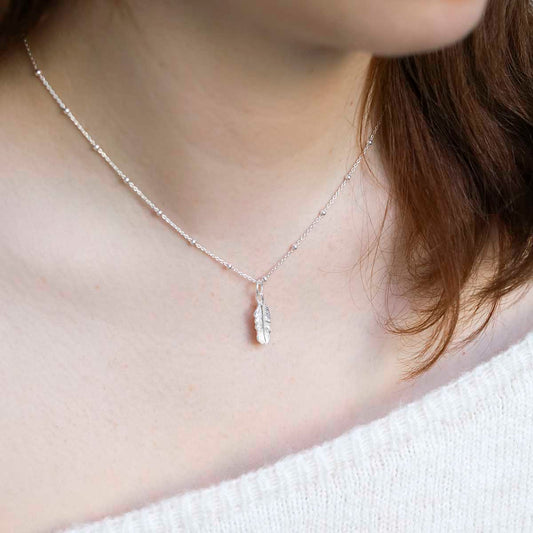 MB078P_Sterling Silver Feather Necklace_ model new