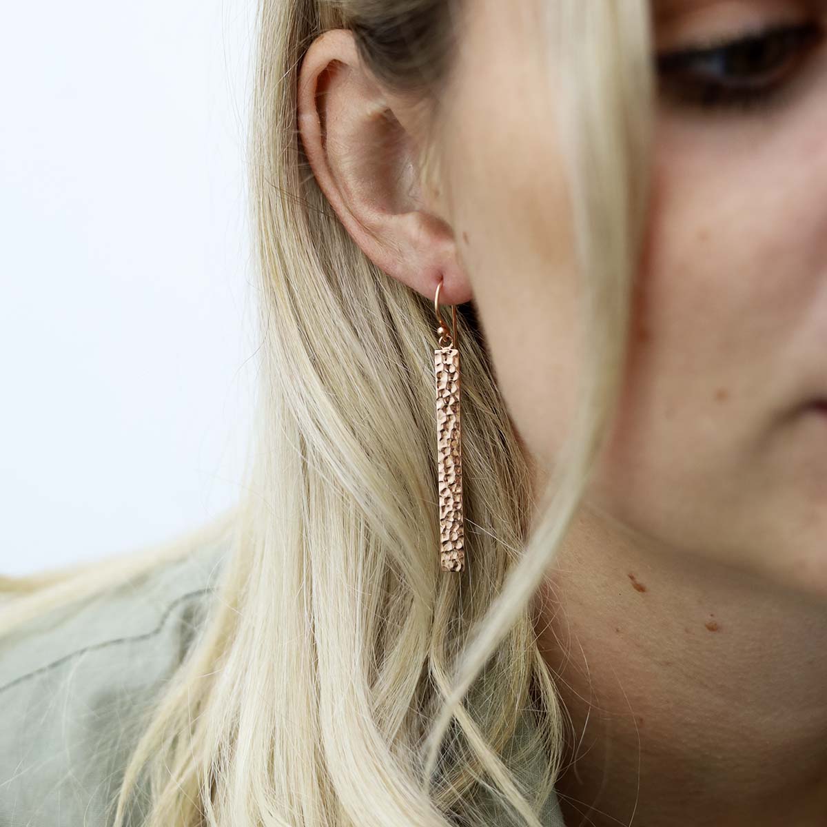 Rose Gold Plated Silver Hammered Bar Earrings