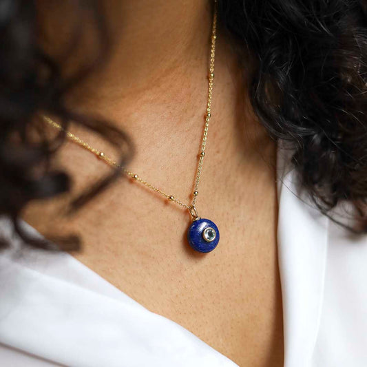 MM02_Sterling Silver Gold Plated Lapis and Blue Topaz Stone Set Gem Necklace_model