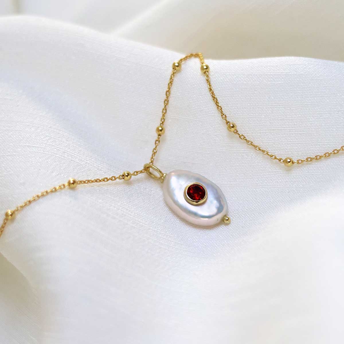 Sterling Silver Gold Plated Pearl and Garnet Stone Set Gem Necklace