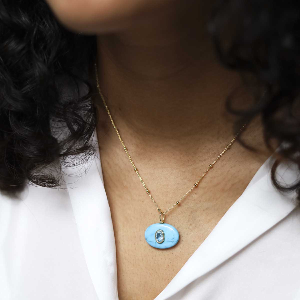 Sterling Silver Gold Plated Turquoise and Blue Topaz Stone Set Gem Necklace