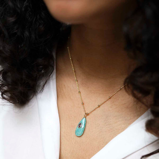 MM07_Sterling Silver Gold Plated Amazonite and Garnet Stone Set Gem Necklace_model