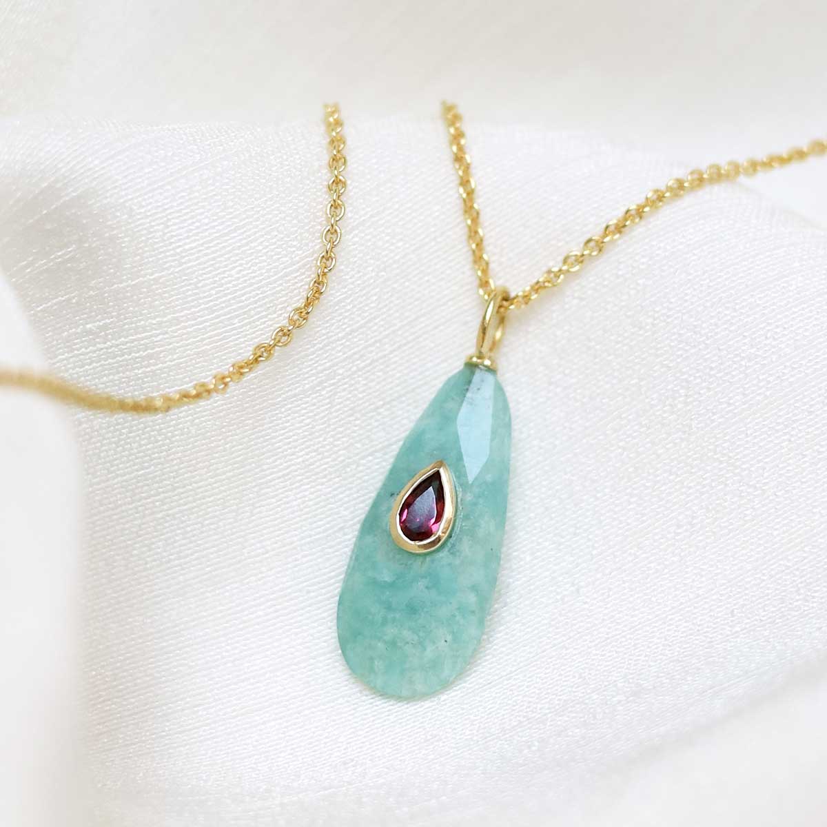 Sterling Silver Gold Plated Amazonite and Garnet Stone Set Gem Necklace