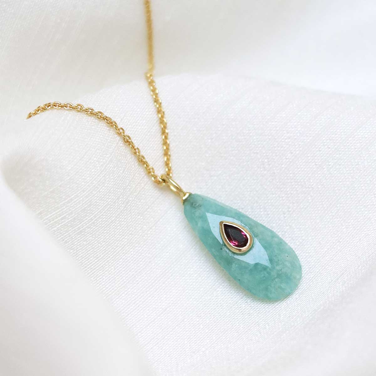 Sterling Silver Gold Plated Amazonite and Garnet Stone Set Gem Necklace