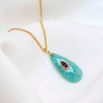 MM07_Sterling Silver Gold Plated Amazonite and Garnet Stone Set Gem Necklace_Trace 1
