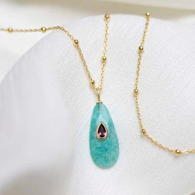 MM07_Sterling Silver Gold Plated Amazonite and Garnet Stone Set Gem Necklace_Satellite 2