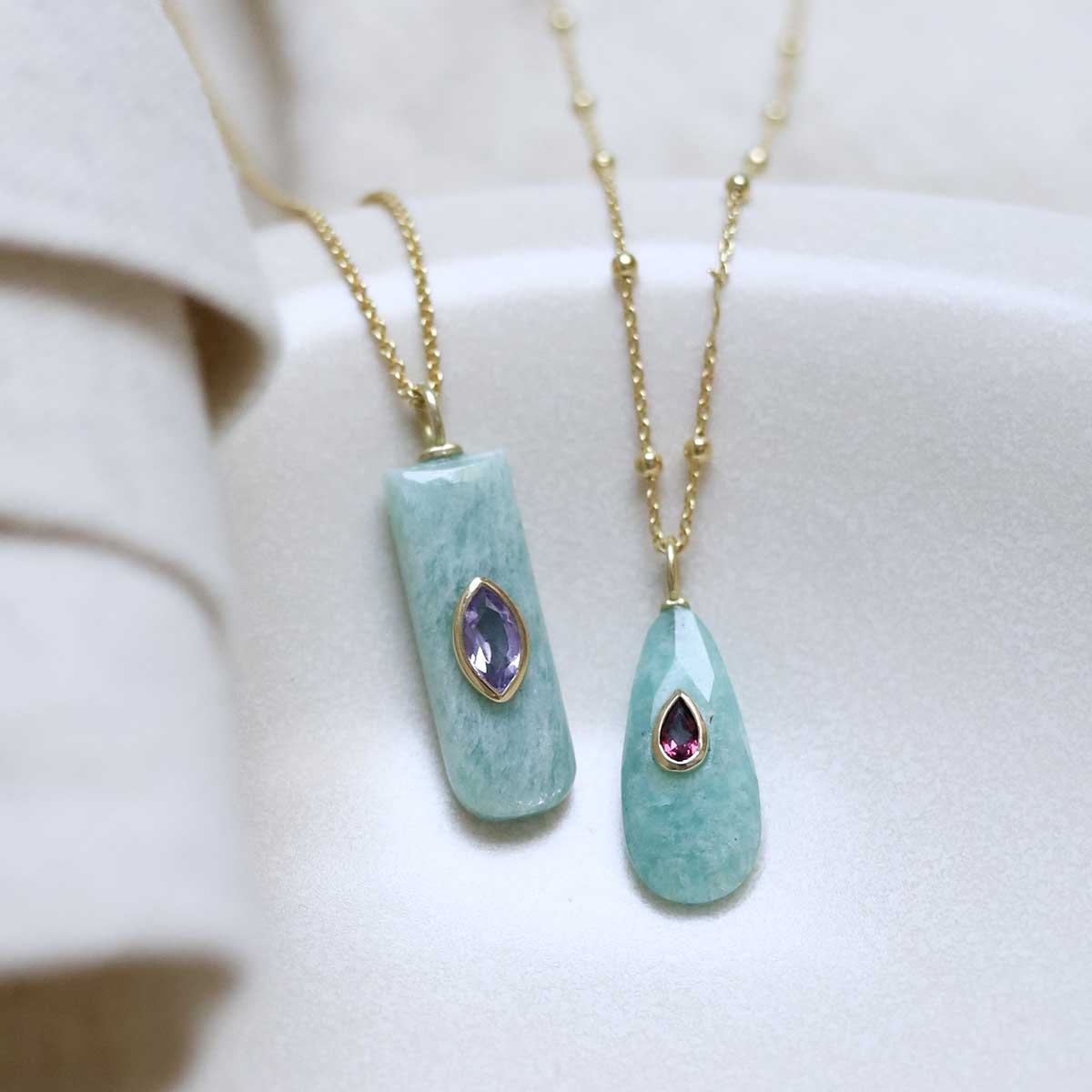 Sterling Silver Gold Plated Amazonite and Amethyst Stone Set Gem Necklace