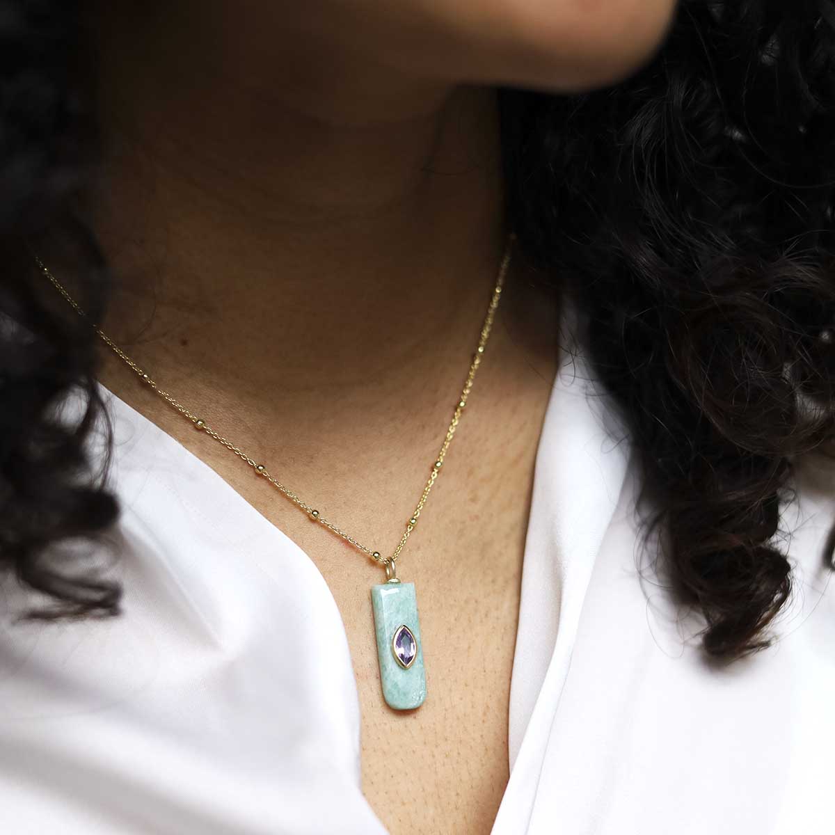 Sterling Silver Gold Plated Amazonite and Amethyst Stone Set Gem Necklace
