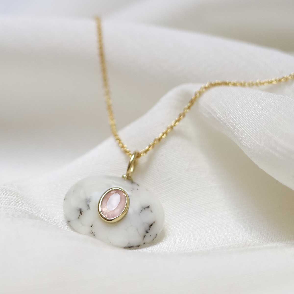 Sterling Silver Gold Plated Dendritic Agate and Rose Quartz Stone Set Gem Necklace