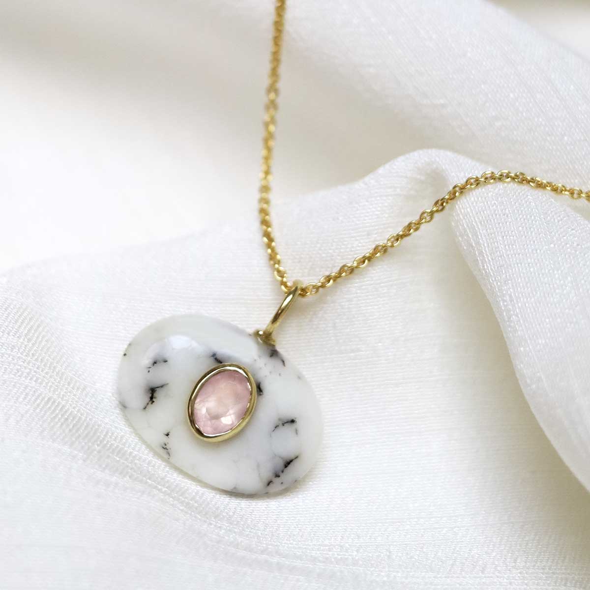 Sterling Silver Gold Plated Dendritic Agate and Rose Quartz Stone Set Gem Necklace