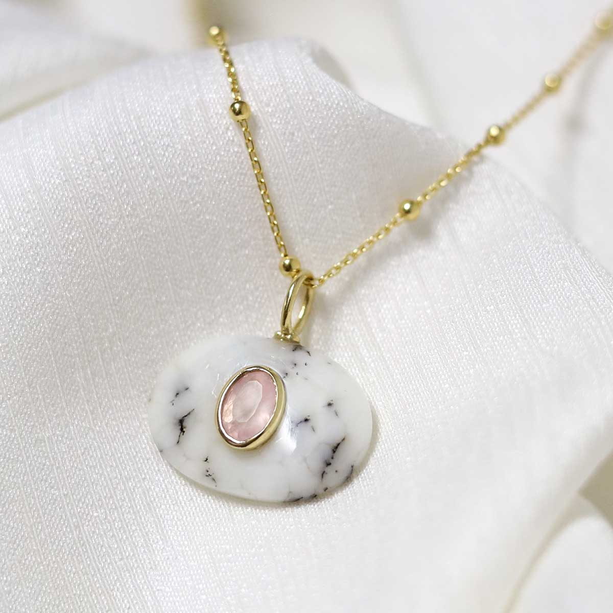 Sterling Silver Gold Plated Dendritic Agate and Rose Quartz Stone Set Gem Necklace
