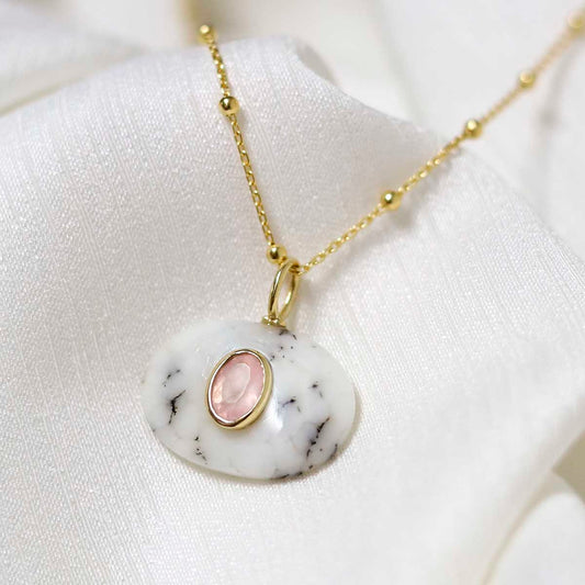 MM11_Sterling Silver Gold Plated Dendritic Agate and Rose Quartz Stone Set Gem Necklace_Satellite 1