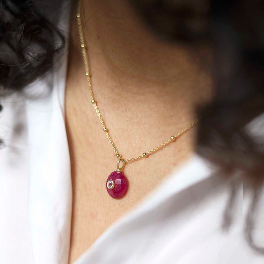 MM12_Sterling Silver Gold Plated Ruby and Blue Topaz Round Stone Set Gem Necklace_model