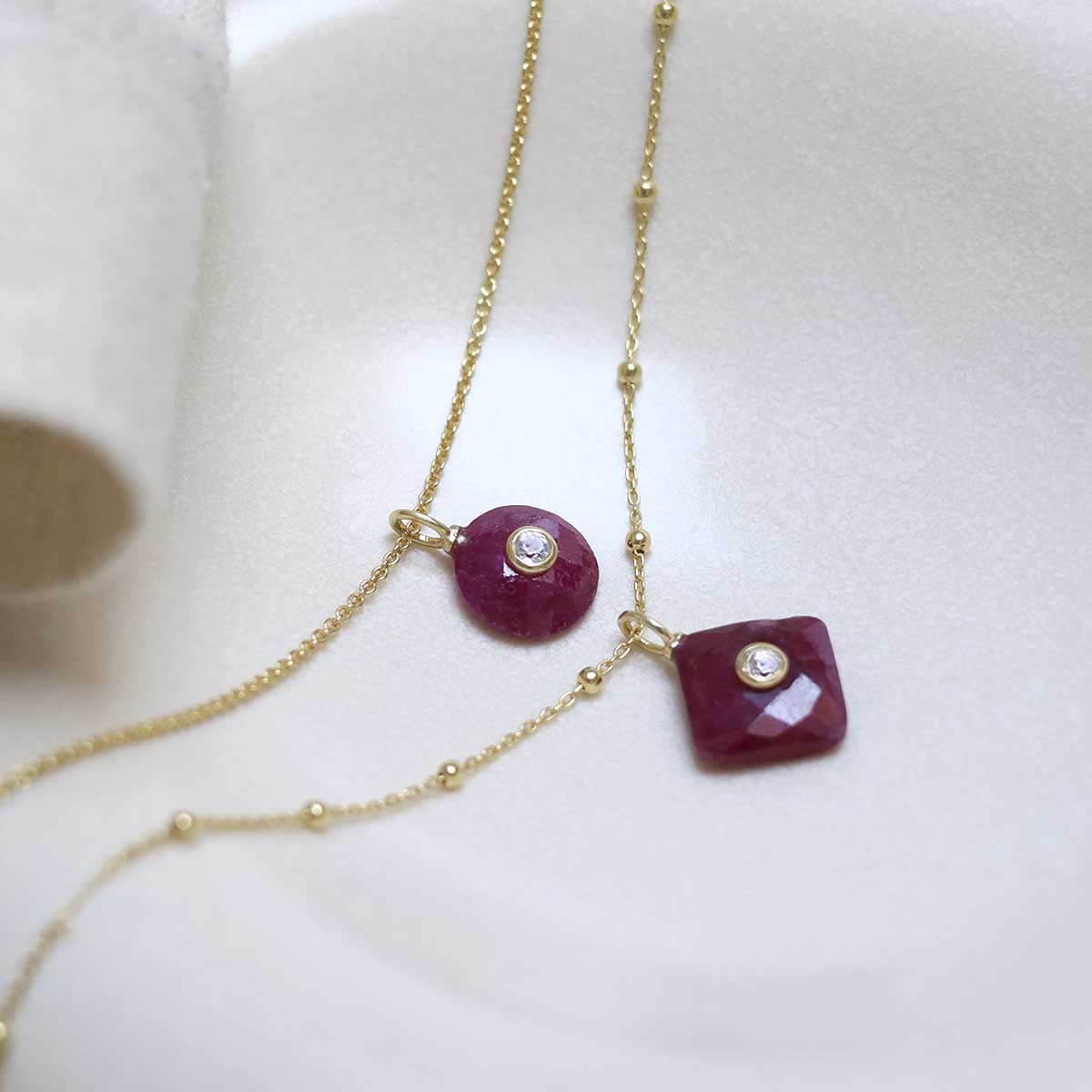 Sterling Silver Gold Plated Ruby and Blue Topaz Round Stone Set Gem Necklace