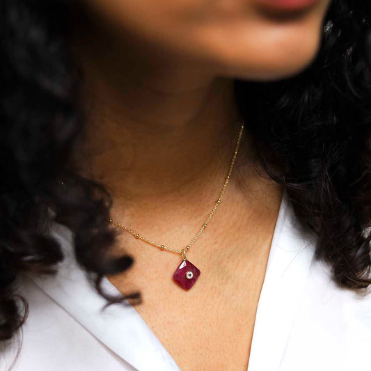 MM13_Sterling Silver Gold Plated Ruby and Blue Topaz Stone Set Gem Necklace_model
