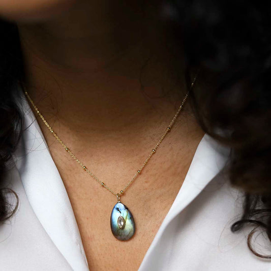 MM14_Sterling Silver Gold Plated Large Teardrop Labradorite and Blue Topaz Stone Set Gem Necklace_model