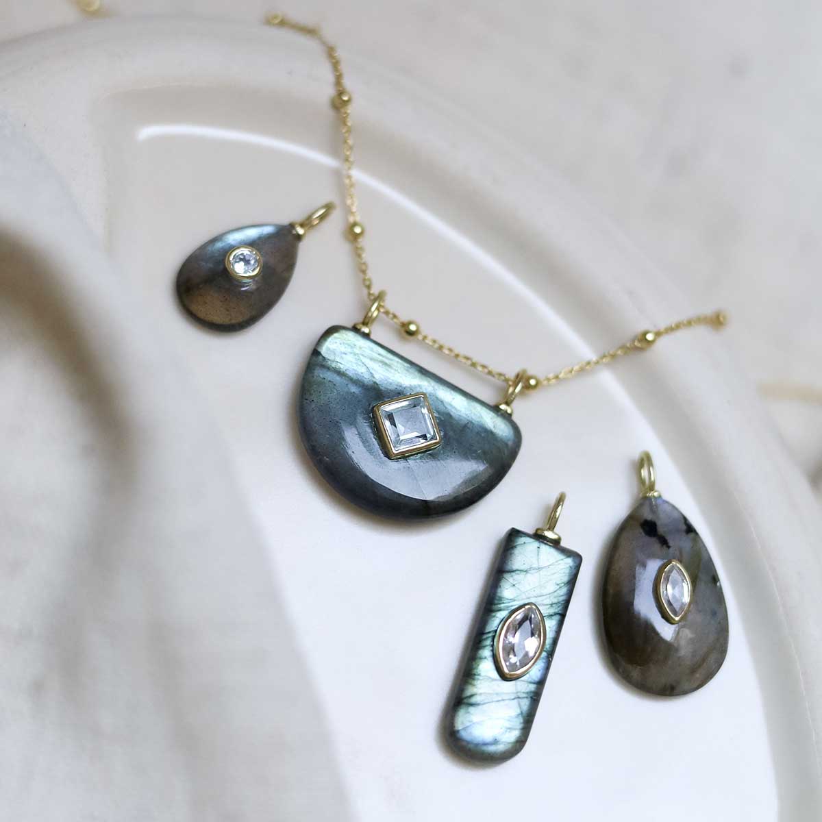 Sterling Silver Gold Plated Large Teardrop Labradorite and Blue Topaz Stone Set Gem Necklace