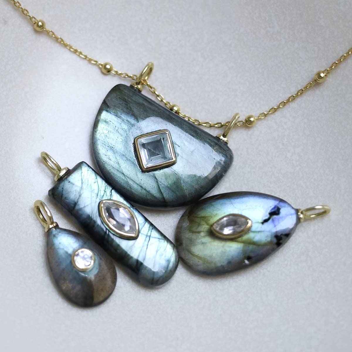 Sterling Silver Gold Plated Labradorite and Blue Topaz Stone Set Gem Necklace