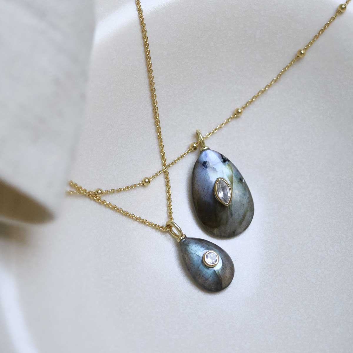 Sterling Silver Gold Plated Small Teardrop Labradorite and Blue Topaz Stone Set Gem Necklace