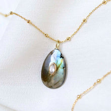 MM14_Sterling Silver Gold Plated Large Teardrop Labradorite and Blue Topaz Stone Set Gem Necklace_Satellite 1