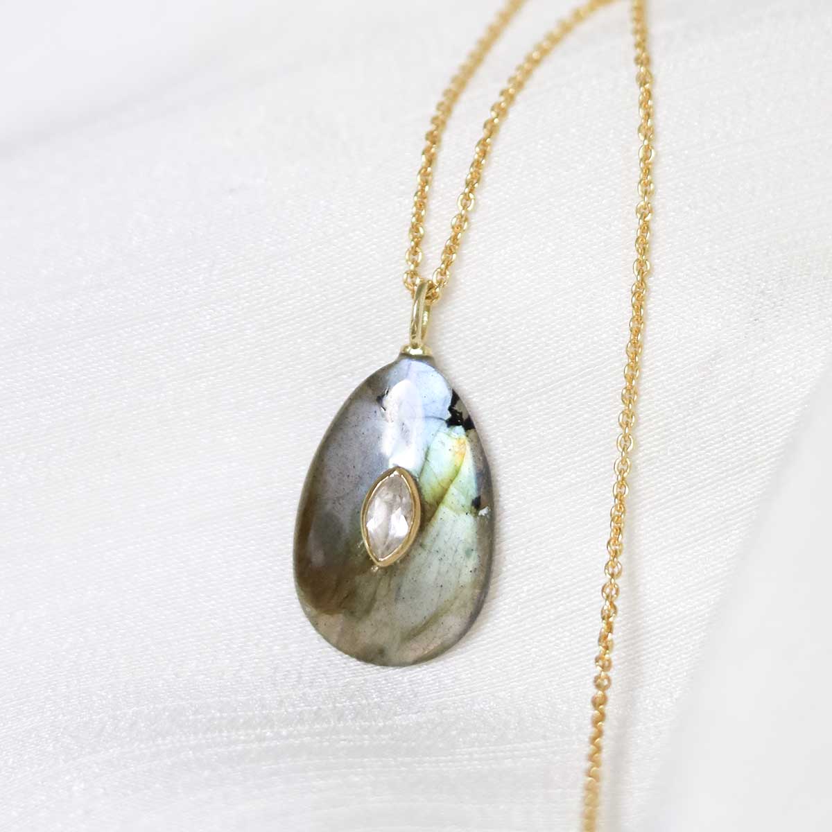Sterling Silver Gold Plated Large Teardrop Labradorite and Blue Topaz Stone Set Gem Necklace