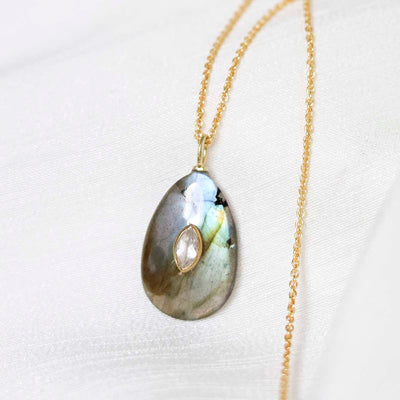 MM14_Sterling Silver Gold Plated Large Teardrop Labradorite and Blue Topaz Stone Set Gem Necklace_Trace 1