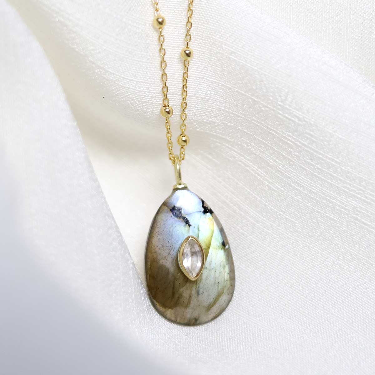 Sterling Silver Gold Plated Large Teardrop Labradorite and Blue Topaz Stone Set Gem Necklace