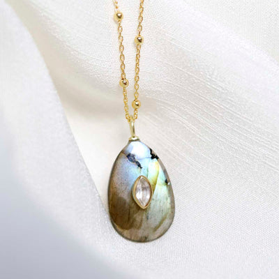 MM14_Sterling Silver Gold Plated Large Teardrop Labradorite and Blue Topaz Stone Set Gem Necklace_Satellite 2