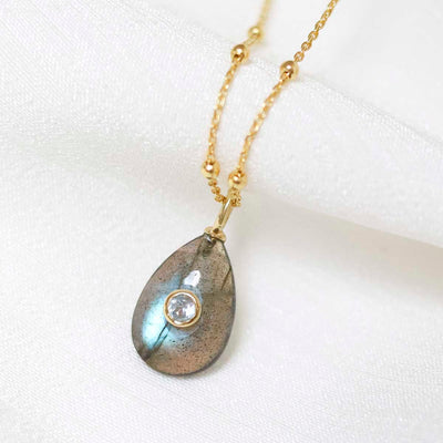 MM15_Sterling Silver Gold Plated Small Teardrop Labradorite and Blue Topaz Stone Set Gem Necklace_Satellite 1