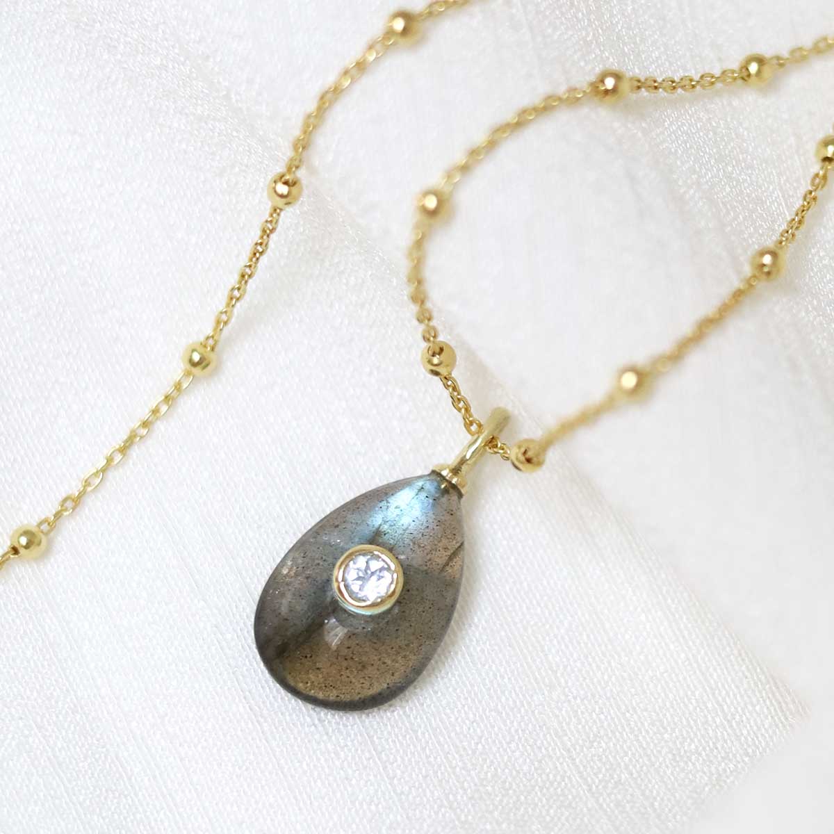 Sterling Silver Gold Plated Small Teardrop Labradorite and Blue Topaz Stone Set Gem Necklace