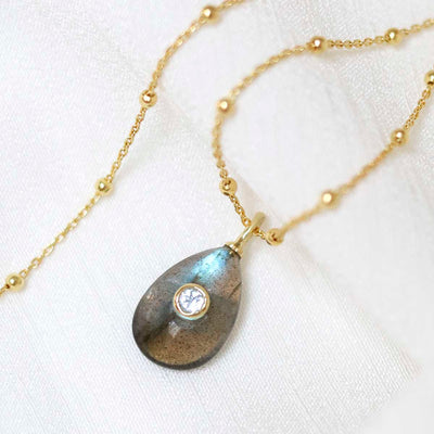 MM15_Sterling Silver Gold Plated Small Teardrop Labradorite and Blue Topaz Stone Set Gem Necklace_Satellite 2