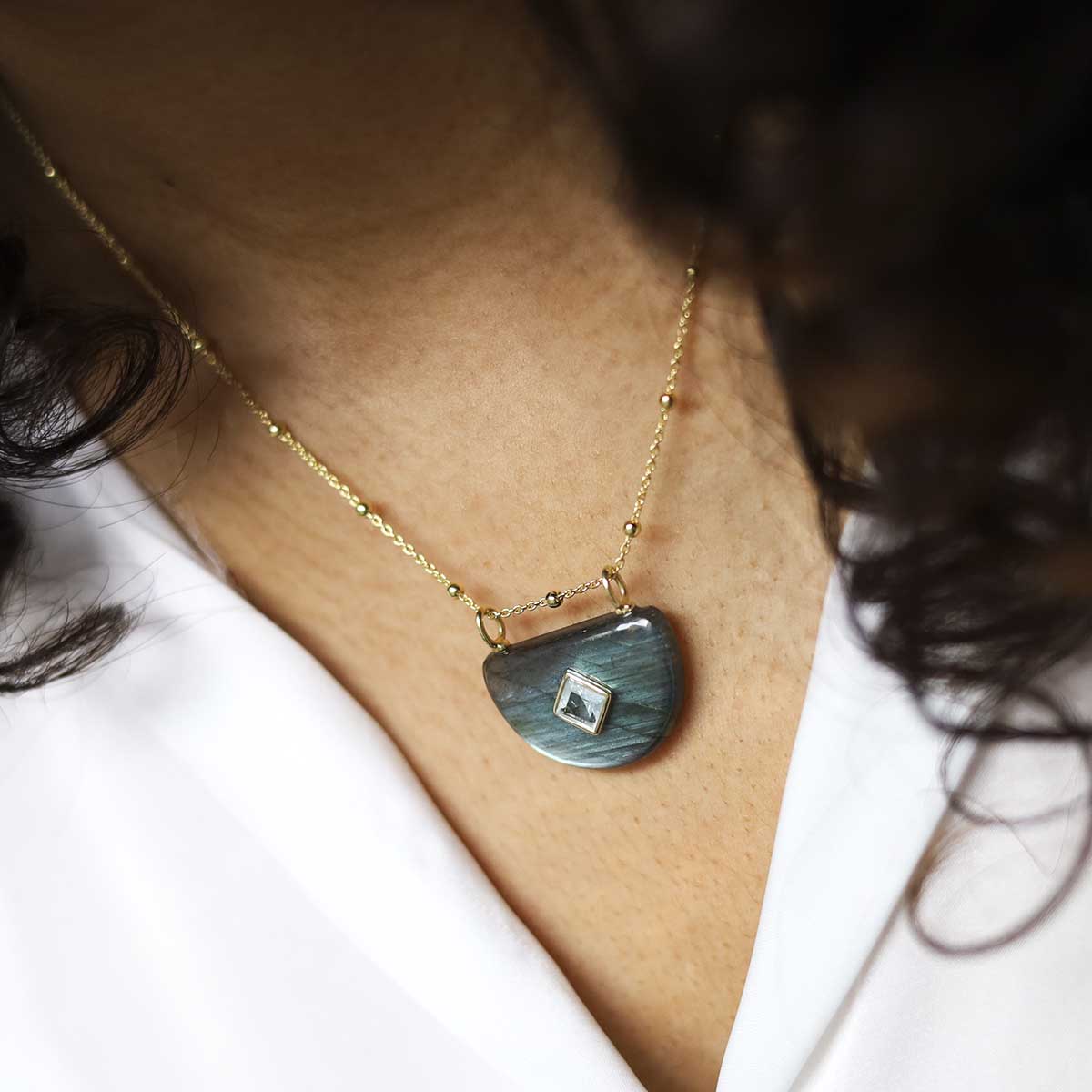 Sterling Silver Gold Plated Half Oval Labradorite and Blue Topaz Stone Set Gem Necklace