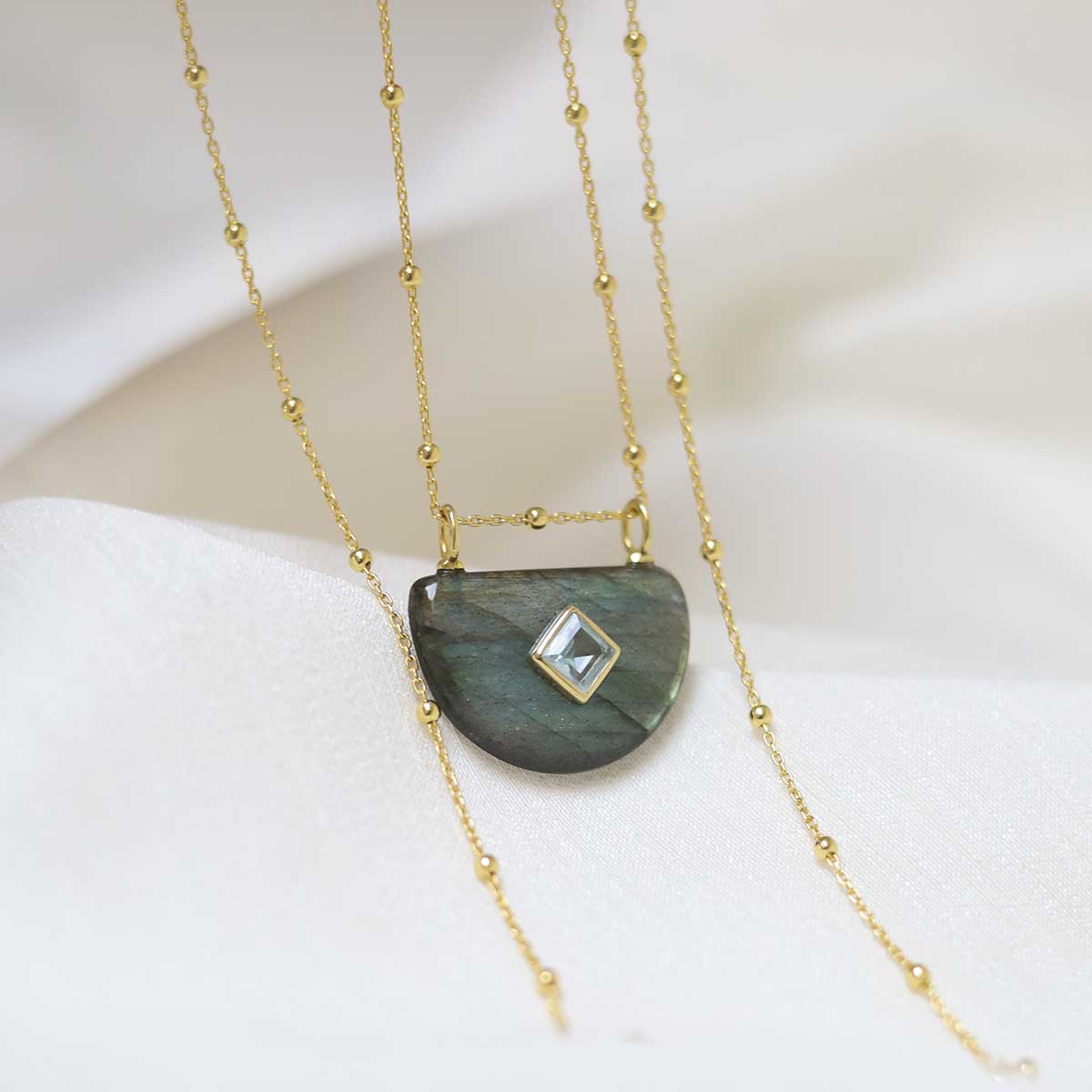 Sterling Silver Gold Plated Half Oval Labradorite and Blue Topaz Stone Set Gem Necklace