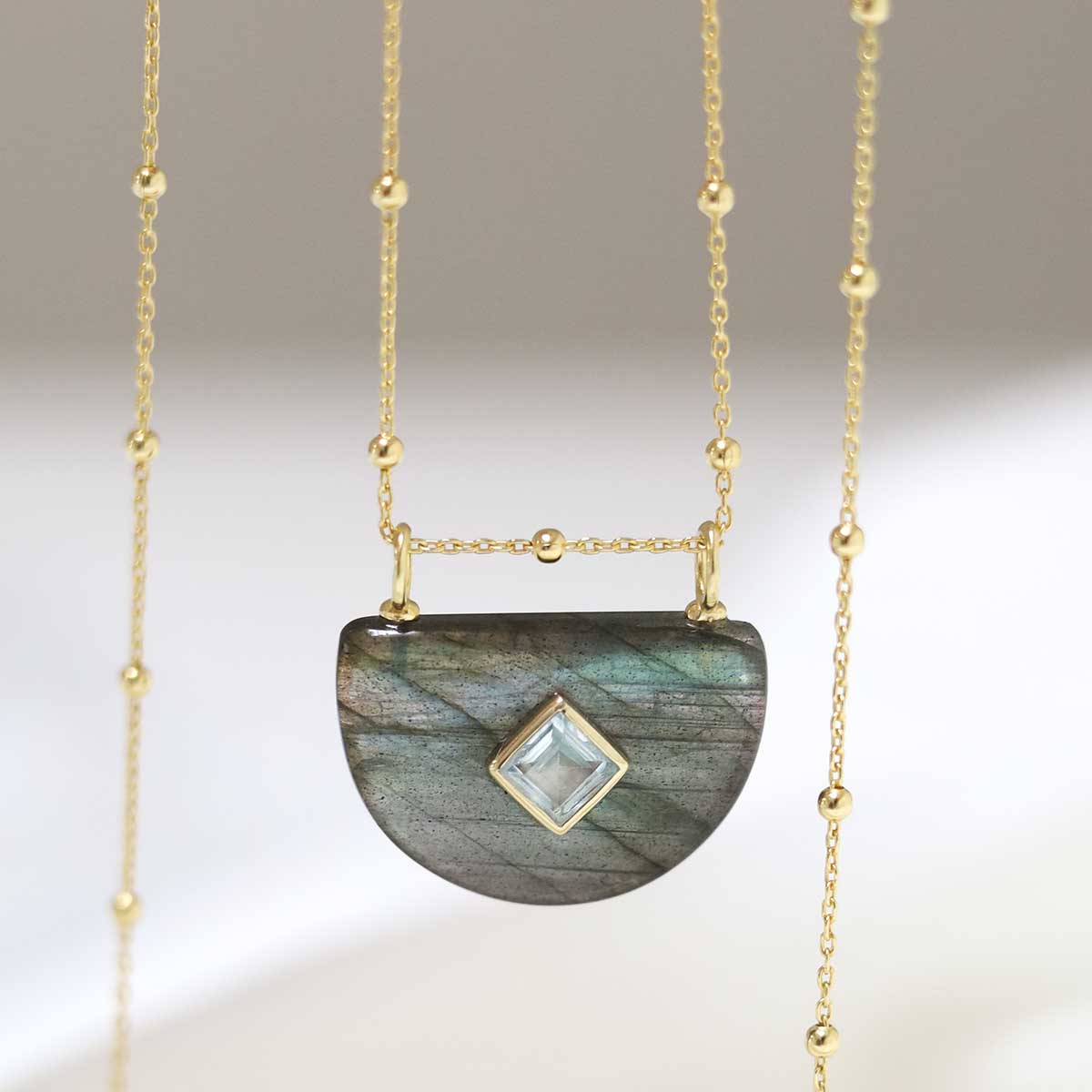Sterling Silver Gold Plated Half Oval Labradorite and Blue Topaz Stone Set Gem Necklace