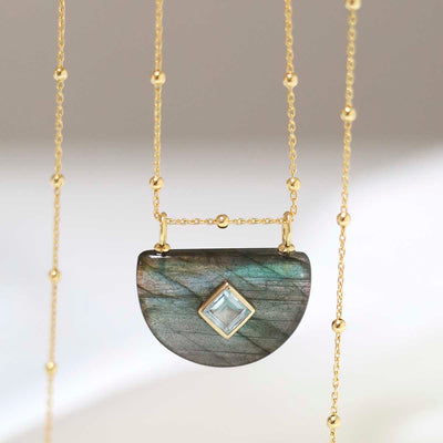 MM16_Sterling Silver Gold Plated Half Oval Labradorite and Blue Topaz Stone Set Gem Satellite 1