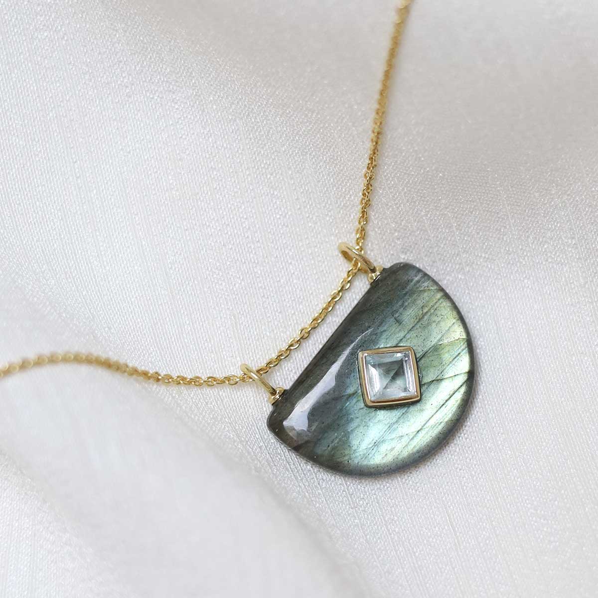 Sterling Silver Gold Plated Half Oval Labradorite and Blue Topaz Stone Set Gem Necklace