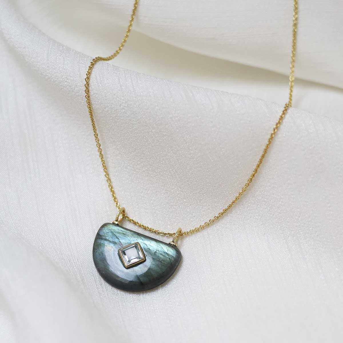 Sterling Silver Gold Plated Half Oval Labradorite and Blue Topaz Stone Set Gem Necklace
