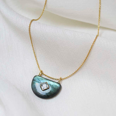MM16_Sterling Silver Gold Plated Half Oval Labradorite and Blue Topaz Stone Set Gem Necklace_Trace 1