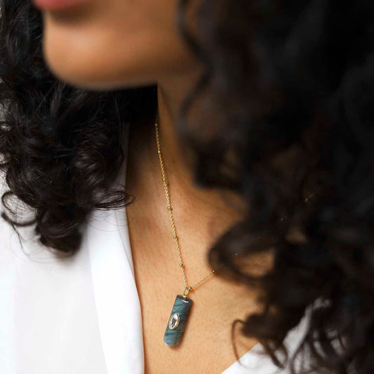 MM17_Sterling Silver Gold Plated Labradorite and Blue Topaz Stone Set Gem Necklace_model