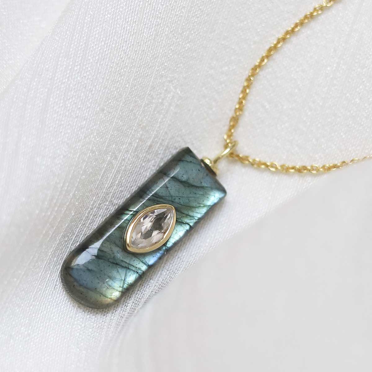 Sterling Silver Gold Plated Labradorite and Blue Topaz Stone Set Gem Necklace