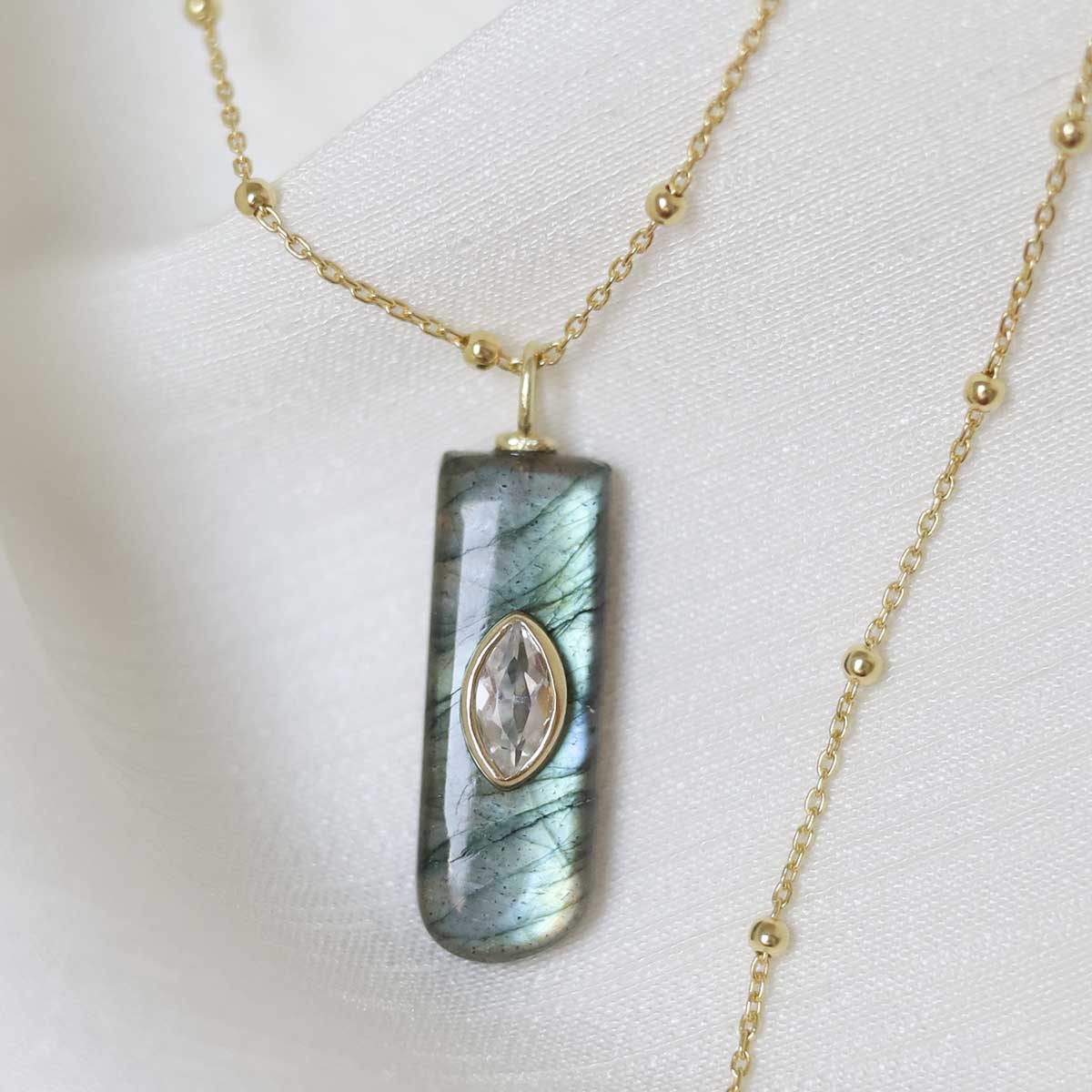 Sterling Silver Gold Plated Labradorite and Blue Topaz Stone Set Gem Necklace