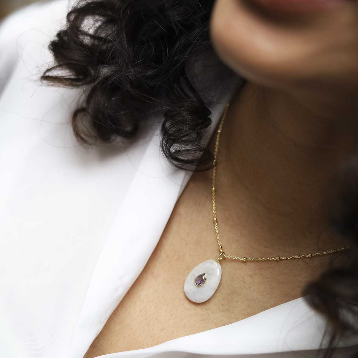 Sterling Silver Gold Plated Teardrop Moonstone and Amethyst Stone Set Gem Necklace