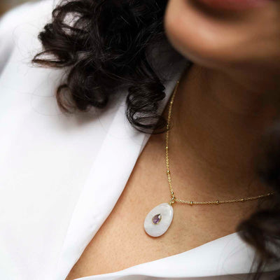 MM18_Sterling Silver Gold Plated Teardrop Moonstone and Amethyst Stone Set Gem Necklace_model