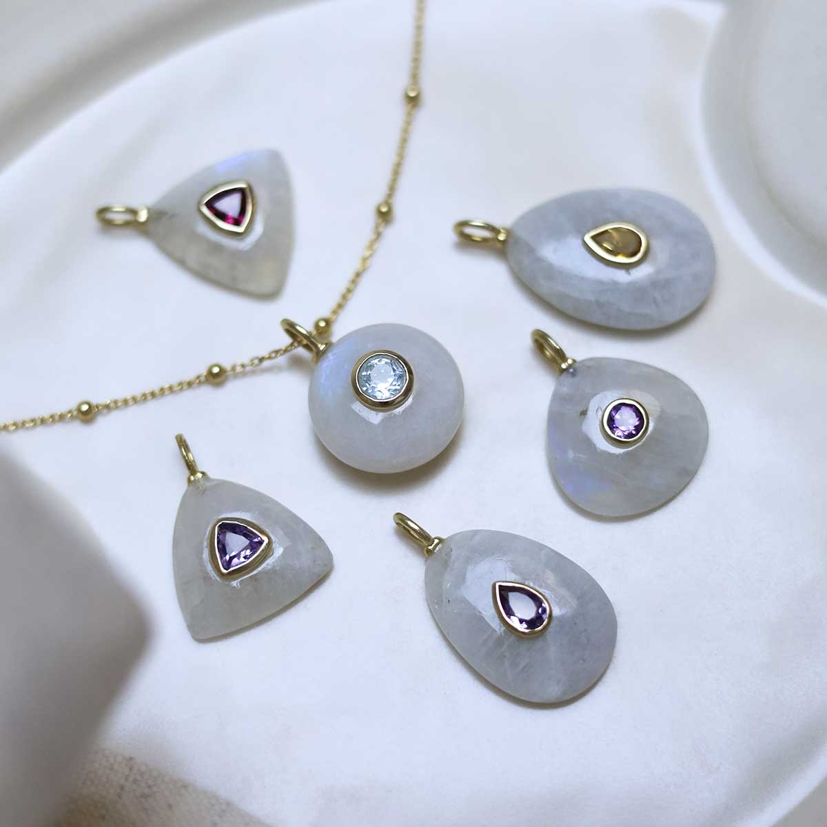 Sterling Silver Gold Plated Moonstone and Amethyst Pear Stone Set Gem Necklace