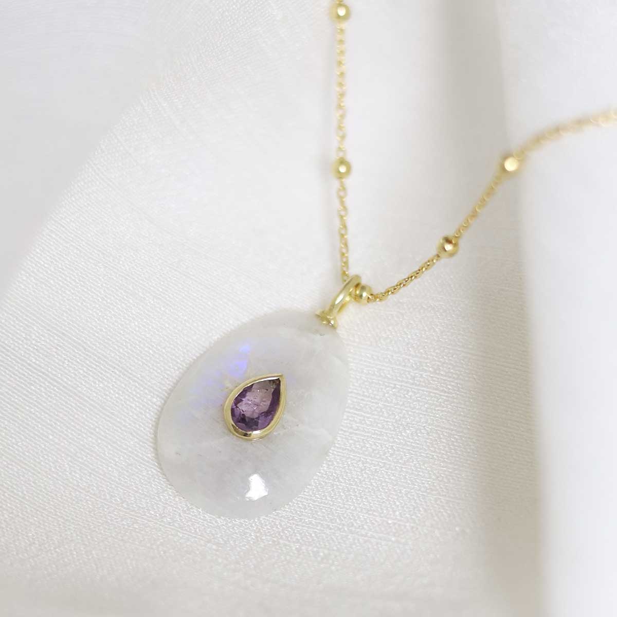 Sterling Silver Gold Plated Teardrop Moonstone and Amethyst Stone Set Gem Necklace