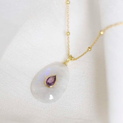 MM18_Sterling Silver Gold Plated Teardrop Moonstone and Amethyst Stone Set Gem Necklace_satellite 2