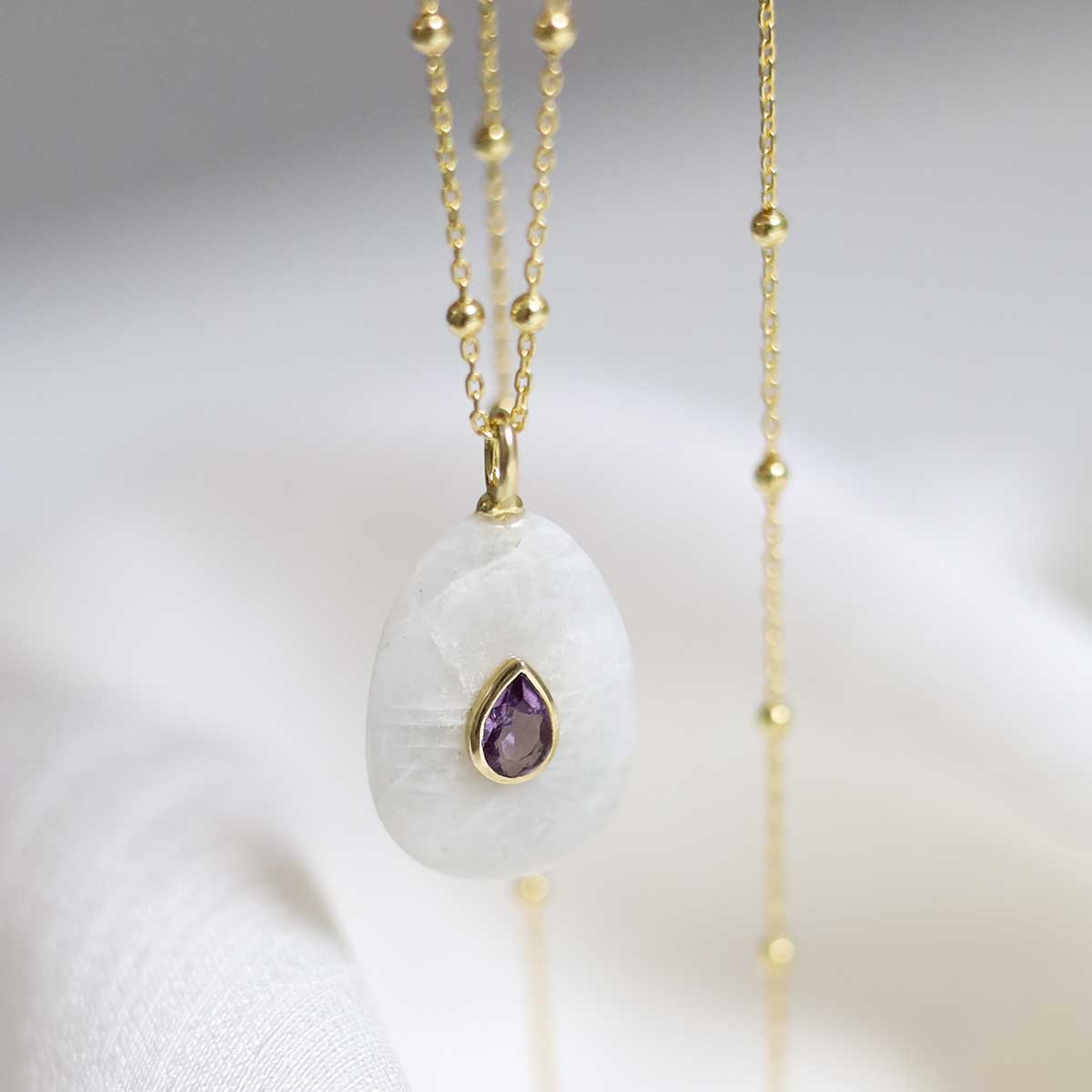 Sterling Silver Gold Plated Teardrop Moonstone and Amethyst Stone Set Gem Necklace