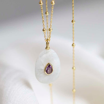 MM18_Sterling Silver Gold Plated Teardrop Moonstone and Amethyst Stone Set Gem Necklace_satellite 1